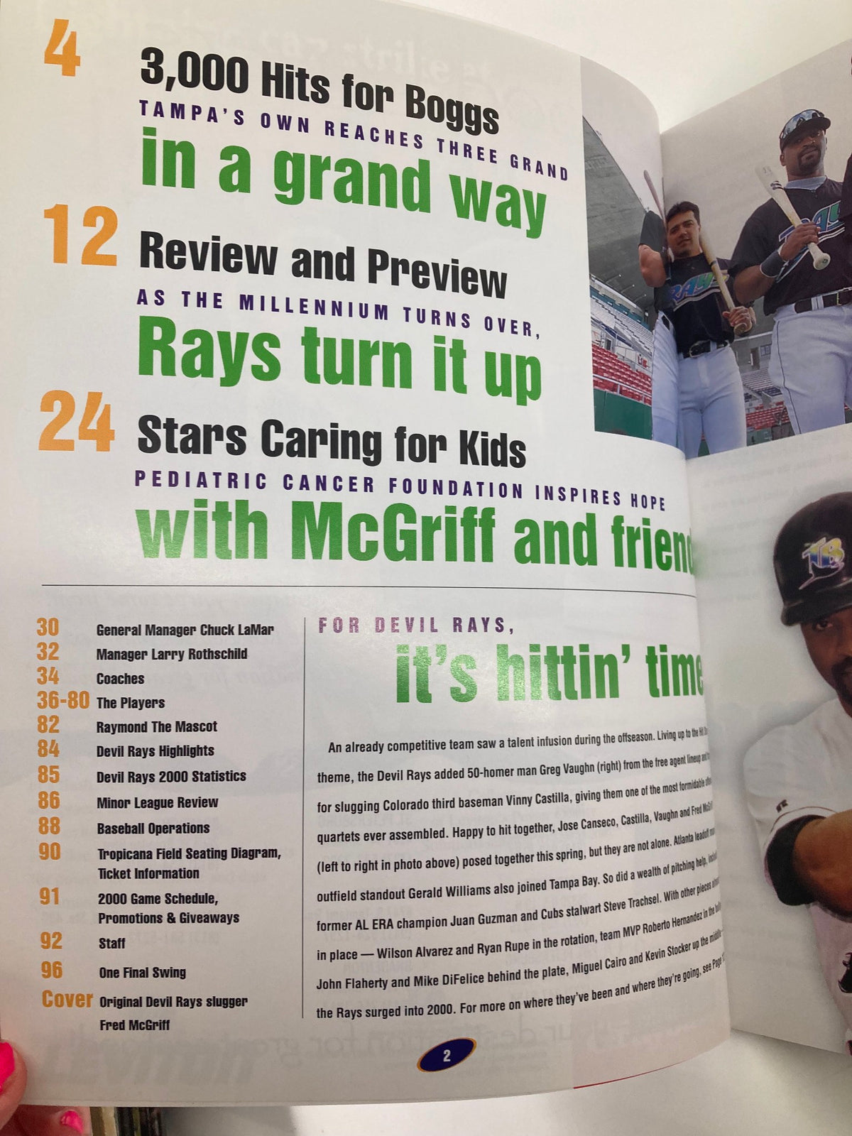 Inside page of the 2000 MLB Devil R Us Yearbook with articles and features including '3,000 Hits for Boggs' and 'Review and Preview' for the Tampa Bay Devil Rays.