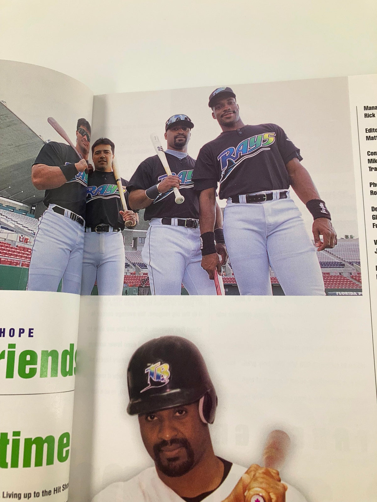 Image from the 2000 MLB Devil R Us Yearbook depicting multiple Tampa Bay Devil Rays players posing together, emphasizing teamwork and camaraderie.