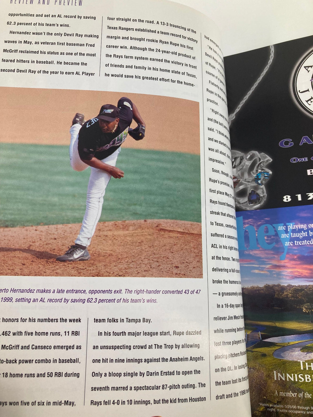 2000 MLB Devil R Us Yearbook Official Tampa Bay Publication Fred McGriff. Image of pitcher throwing a ball on the mound highlighting a player in action.