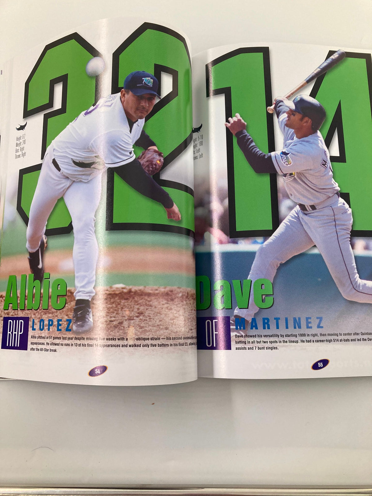 2000 MLB Devil R Us Yearbook featuring Albie Lopez and Dave Martinez, showcasing player statistics and action shots in vibrant colors.