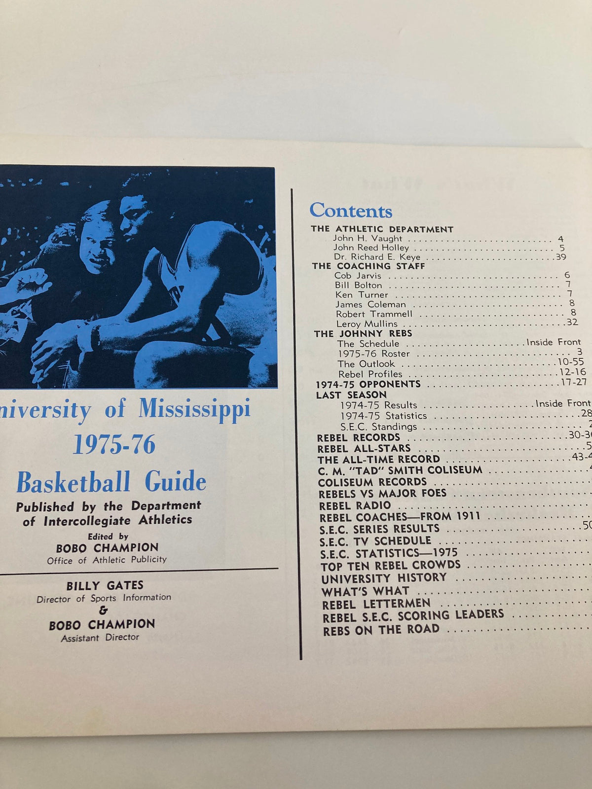 Contents page of the 1975-1976 Rebel Basketball University of Mississippi Basketball Guide detailing sections and topics covered.