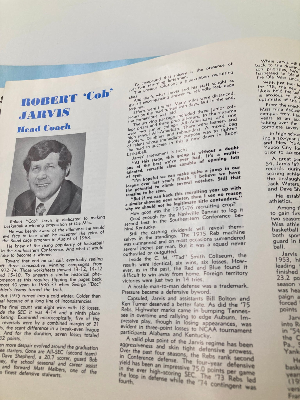 Profile page of Robert 'Cob' Jarvis, Head Coach in the 1975-1976 Rebel Basketball University of Mississippi Basketball Guide.