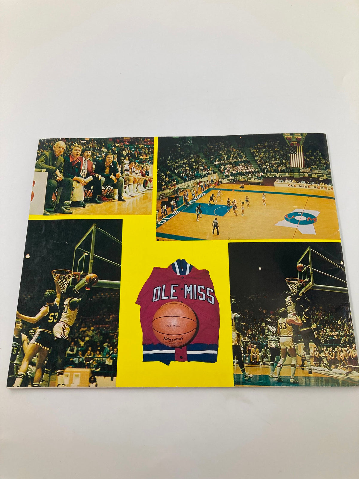 Cover collage of the 1975-1976 Rebel Basketball University of Mississippi Basketball Guide, showcasing action shots from games and a commemorative Ole Miss basketball jersey.