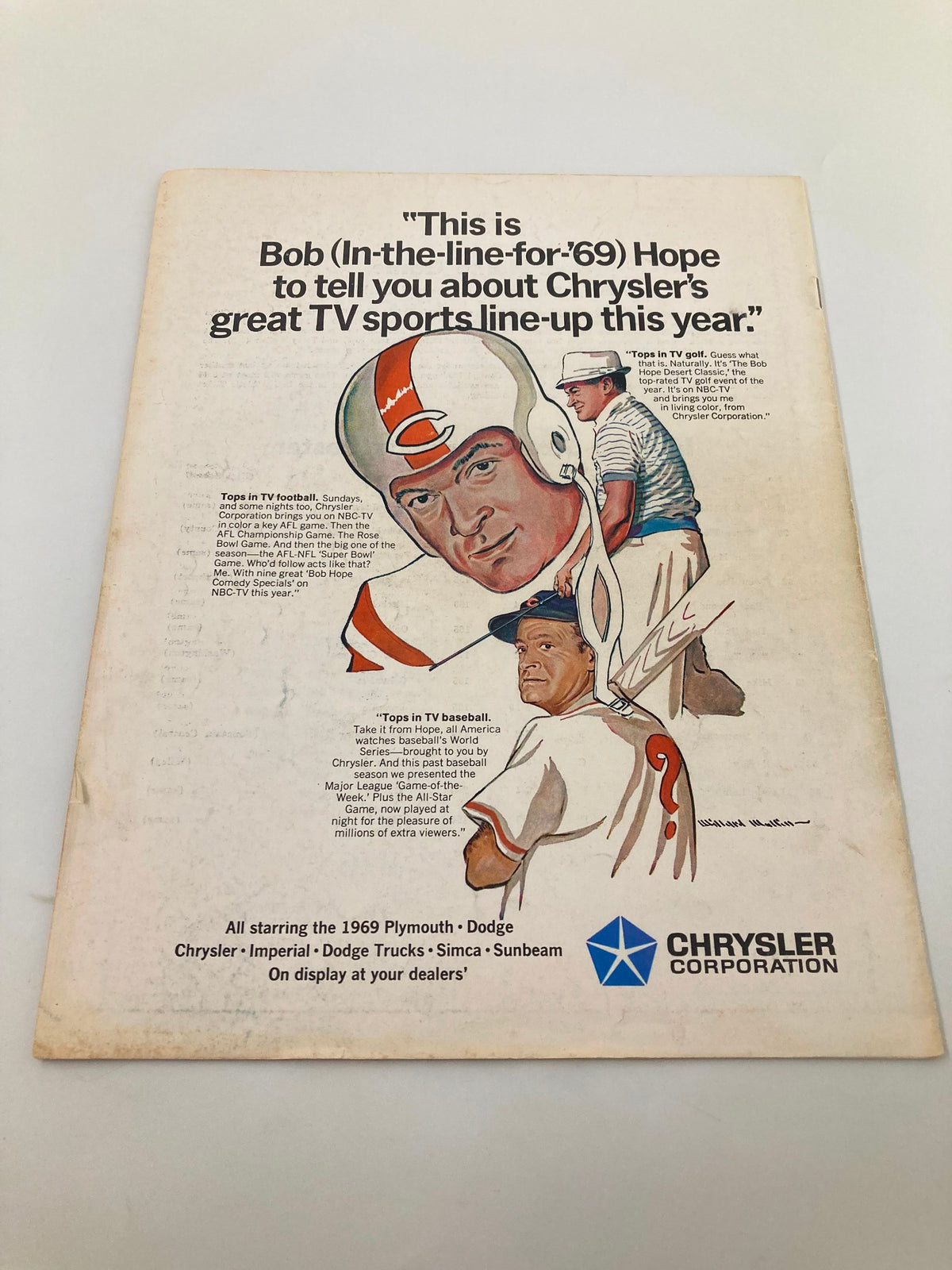 Back cover advertisement for Chrysler's 1969 TV sports lineup, featuring an illustrated character named Bob, promoting major sports events and Chrysler vehicles.