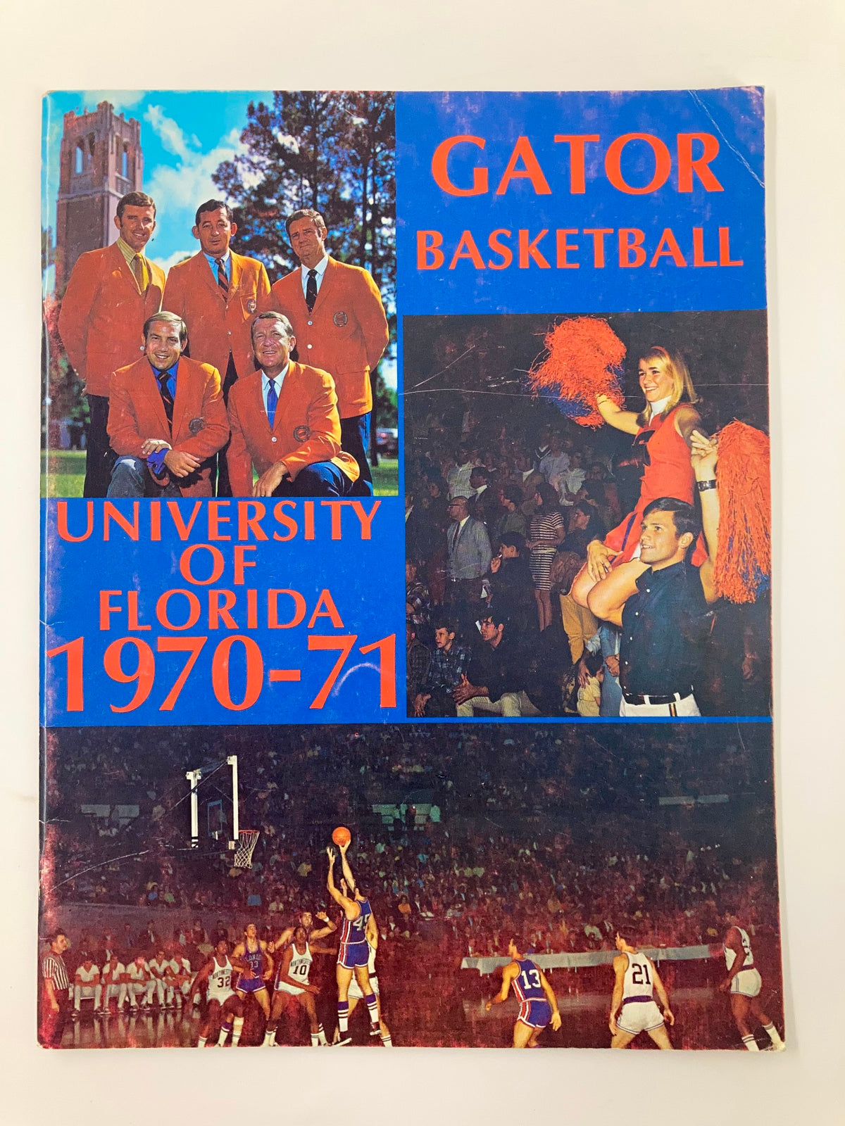 1970-1971 College University of Florida Gator Basketball Brochure cover featuring team members in orange jackets and basketball highlights.