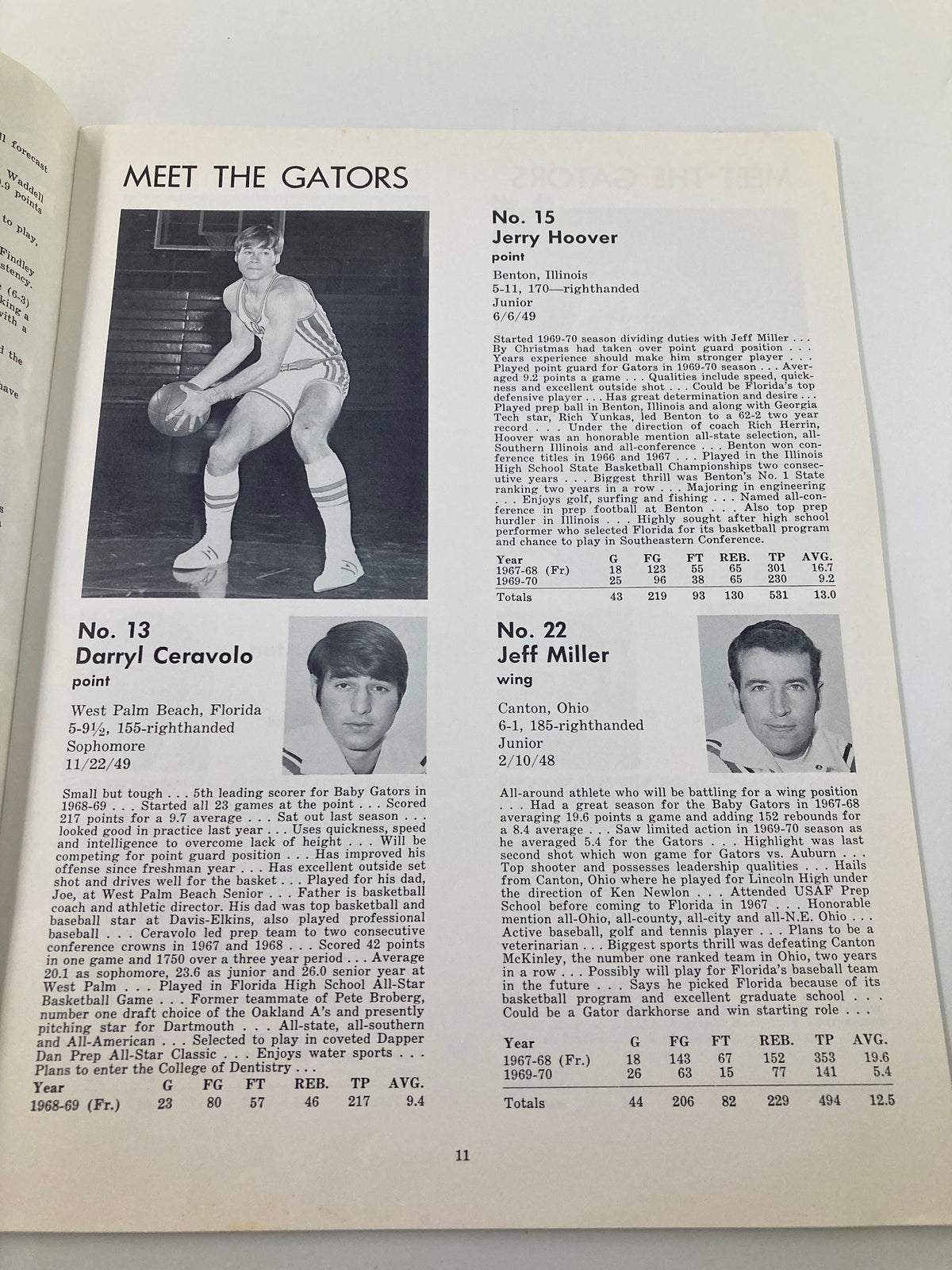 1970-1971 College University of Florida Gator Basketball Brochure featuring Jerry Hoover and Darryl Ceravolo player profiles, showcasing vintage basketball history.
