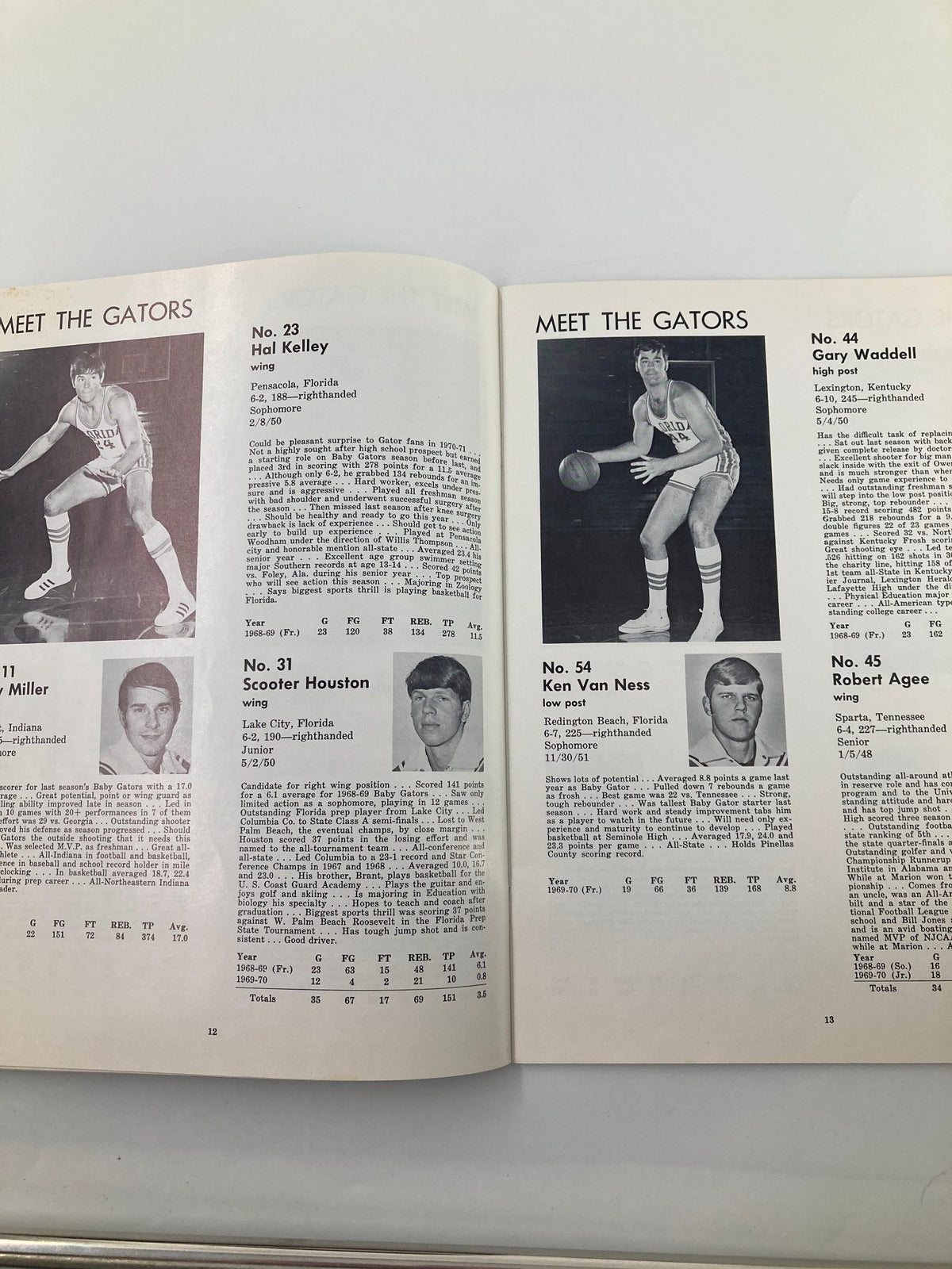 1970-1971 College University of Florida Gator Basketball Brochure with Hal Kelley and Gary Waddell player profiles, illustrating key players from the Gators basketball season.