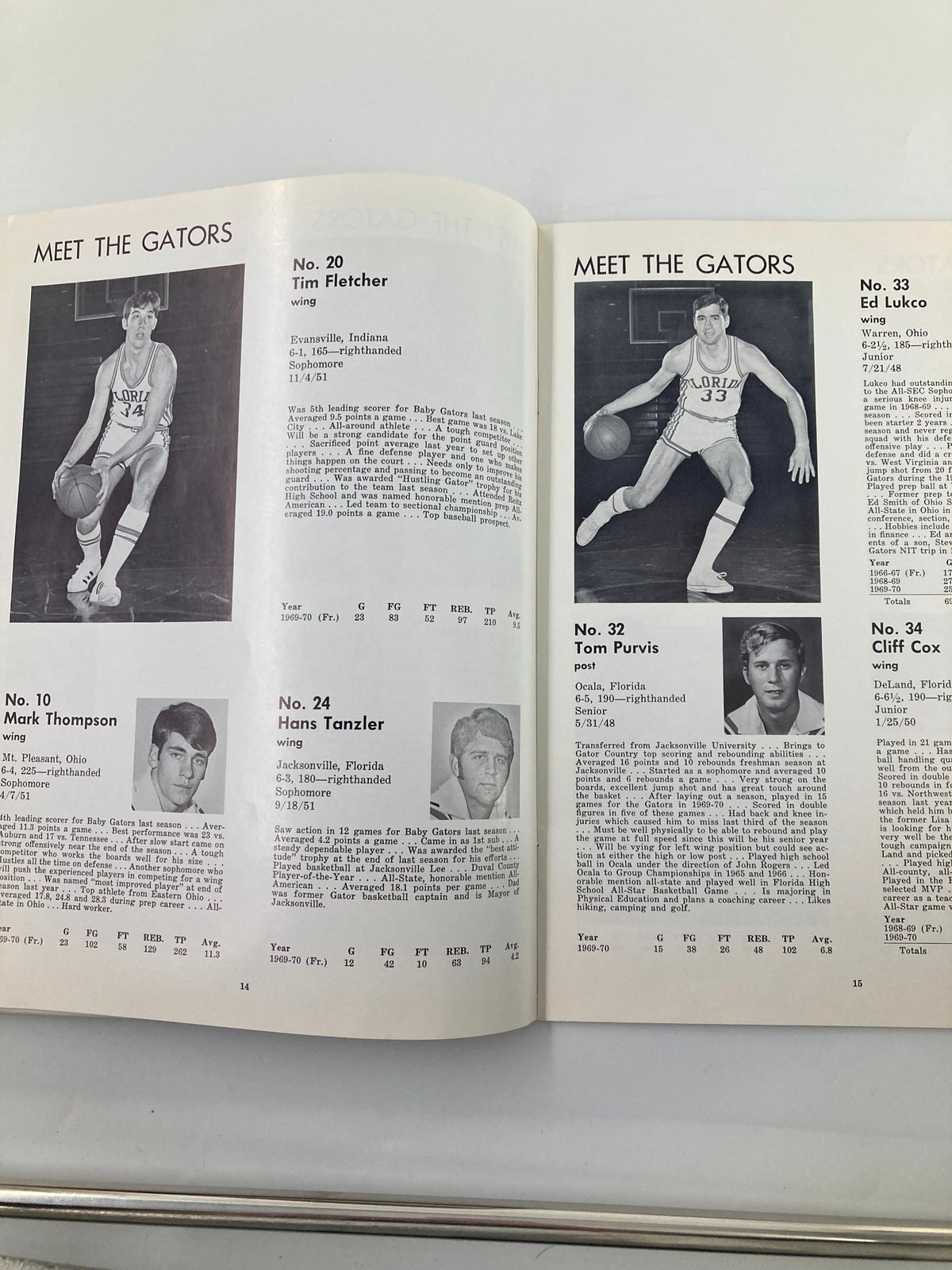 1970-1971 College University of Florida Gator Basketball Brochure displaying Tim Fletcher and Tom Purvis player profiles, capturing significant moments from Florida Gators basketball.