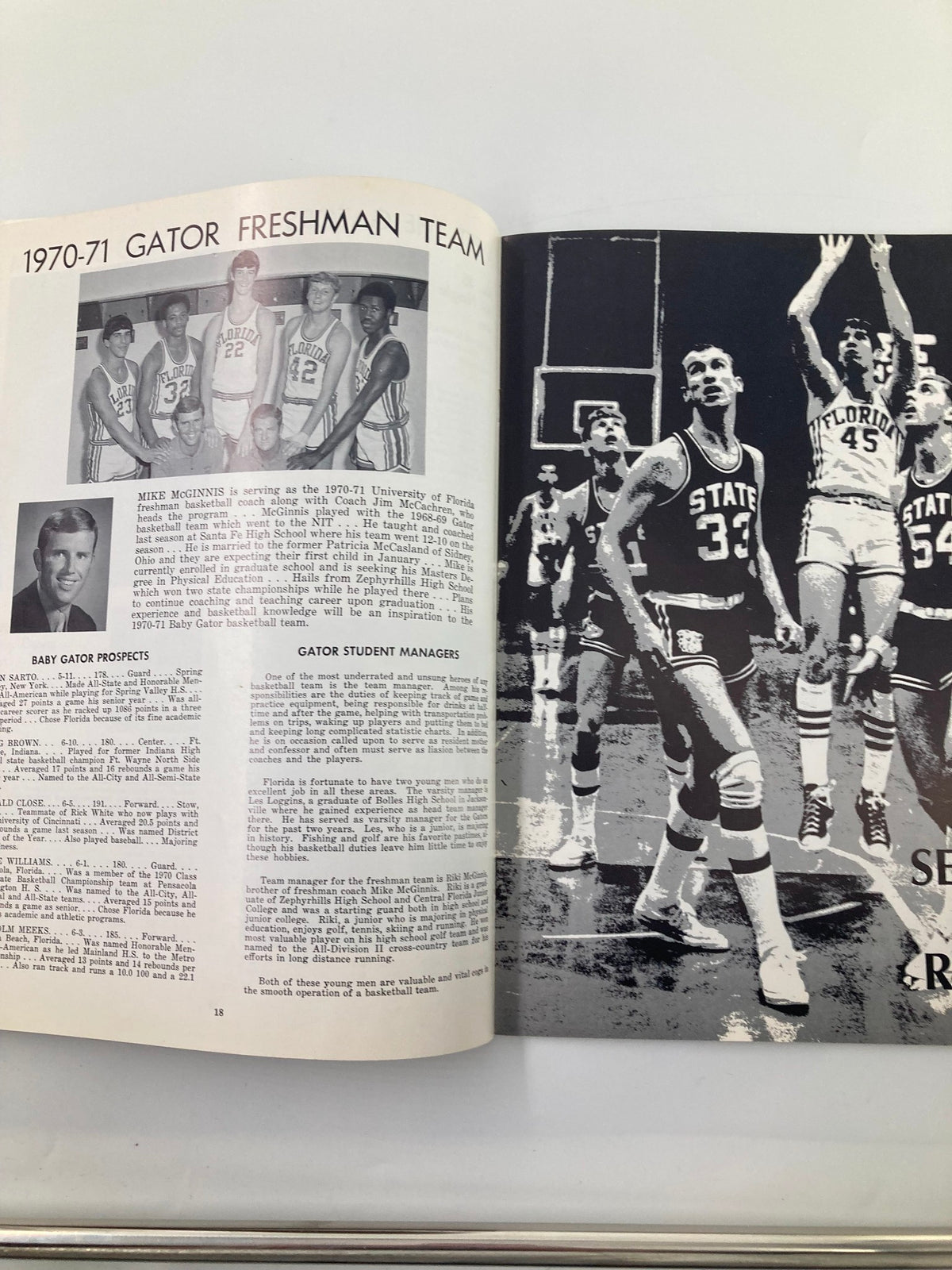 1970-1971 College University of Florida Gator Basketball Brochure highlighting the Gator Freshman Team and coaching details, reflecting on the historical context of college sports.
