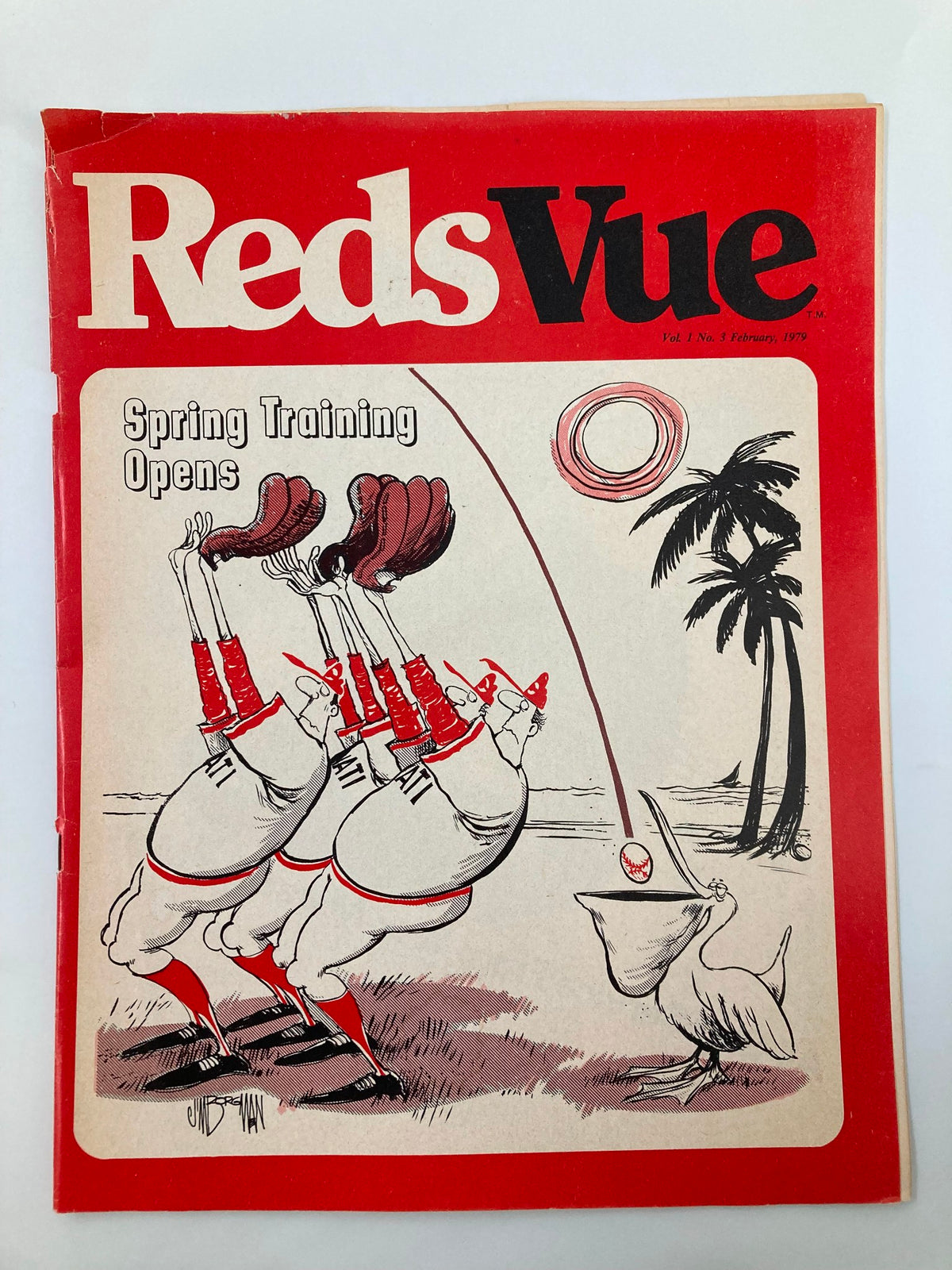Cover of February 1979 Vol 1 #3 Reds Vue Spring Training Opens Official Magazine featuring cartoon-style illustration of chickens wearing baseball gear
