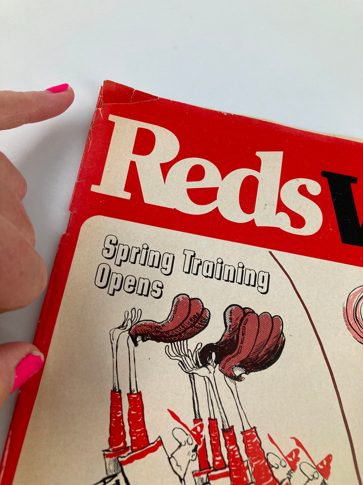 Cover detail of the February 1979 Reds Vue Spring Training Opens Official Magazine, showcasing title and graphic elements.