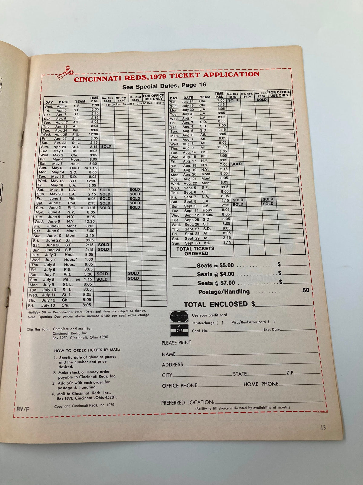 Ticket application page from the February 1979 Reds Vue Spring Training Opens Official Magazine, detailing Cincinnati Reds game tickets.