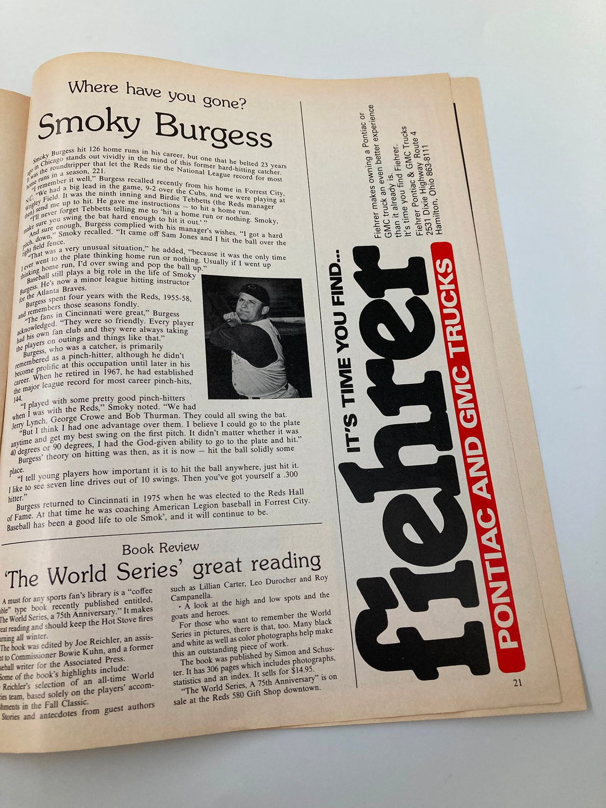 Inside page of February 1979 Vol 1 #3 Reds Vue Spring Training Opens Official Magazine highlighting Smoky Burgess, a former player, discussing his career and experiences with the Cincinnati Reds.