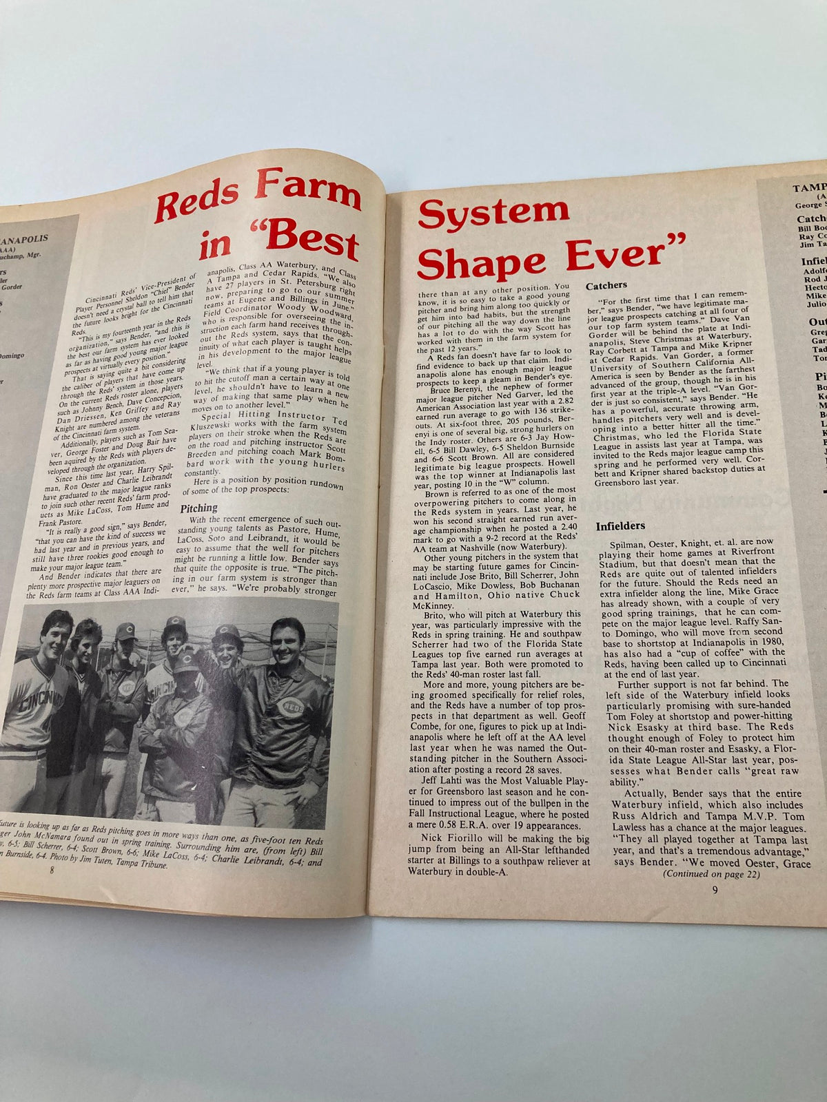 Reds Farm System article in May 1980 Vol 2 #5 Reds Vue magazine, discussing player development and showcasing a team photo.