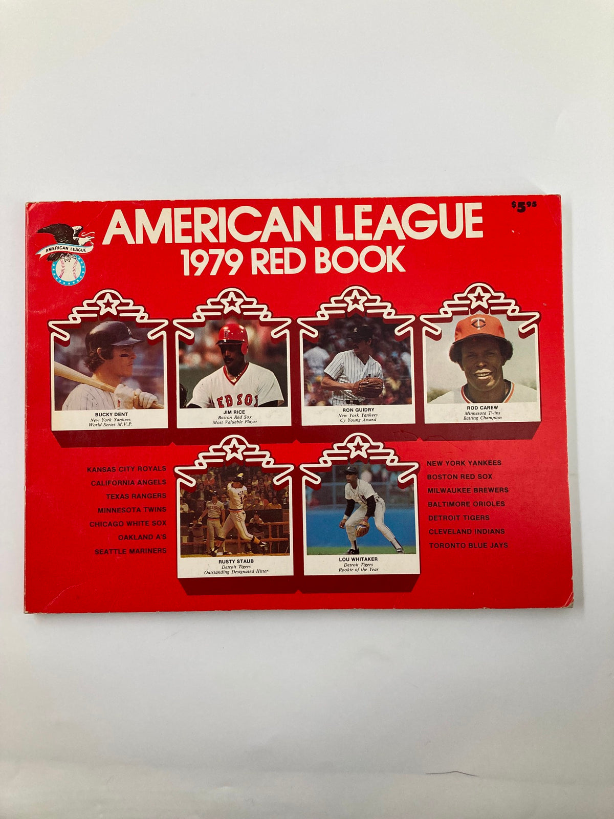Cover of the 1979 MLB American League Red Book featuring players Bucky Dent, Ron Guidry, and Rod Carew.