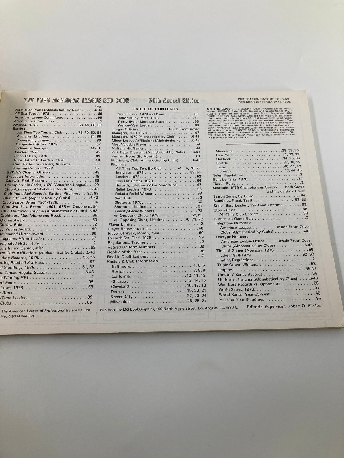 Table of contents page from the 1979 MLB American League Red Book.