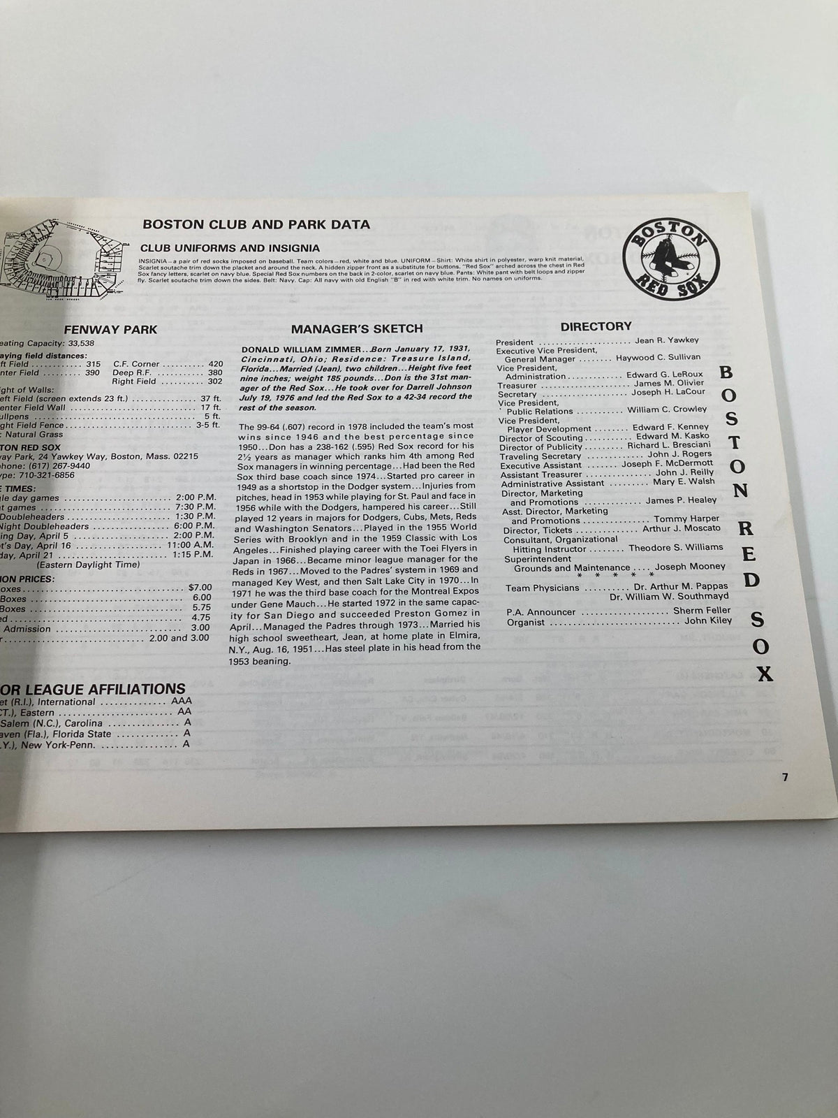 Boston Club and Park Data page from the 1979 MLB American League Red Book, highlighting Fenway Park.