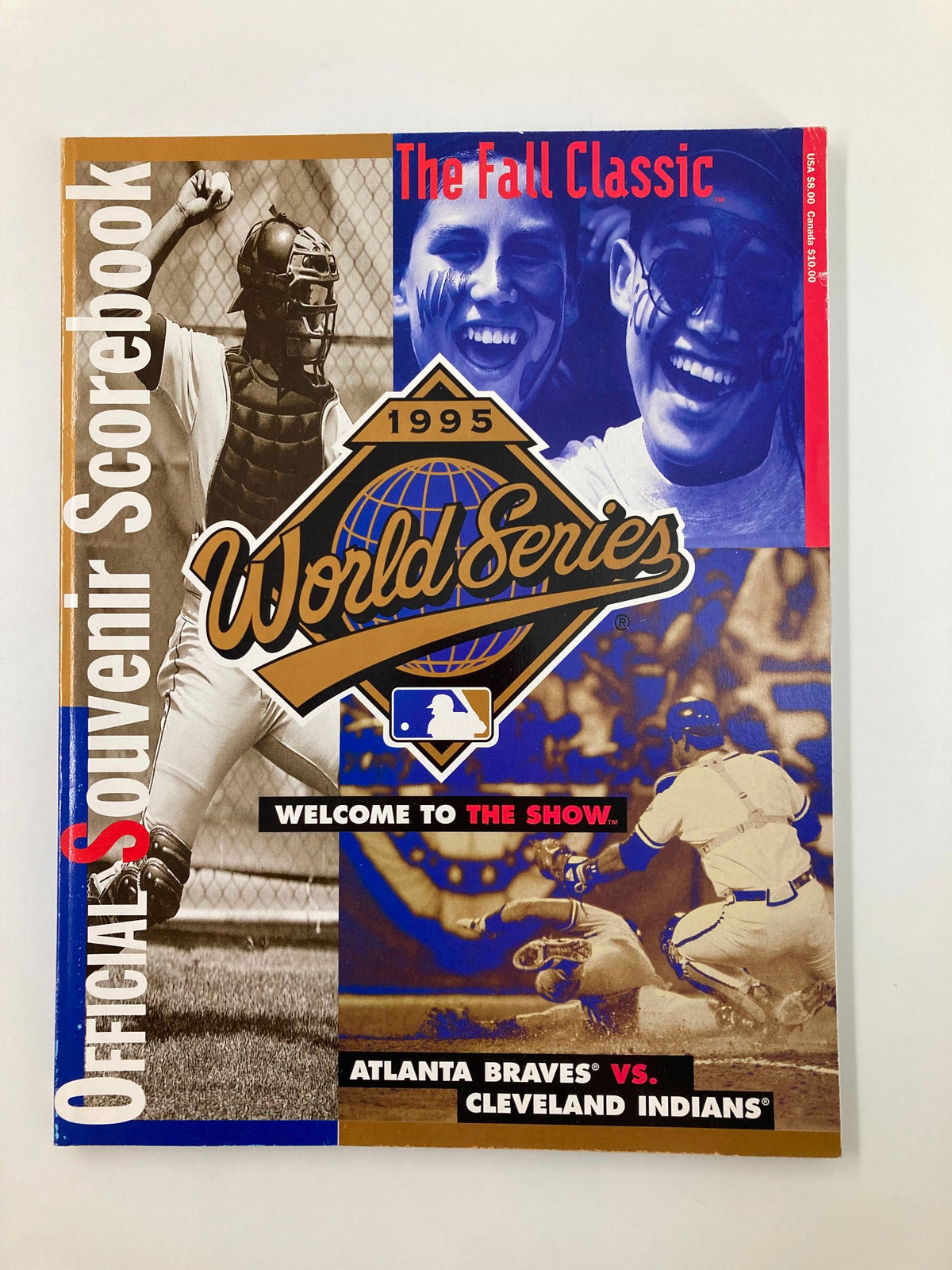 1995 MLB Atlanta Braves vs Cleveland Indians Official Souvenir Scorebook cover featuring vibrant graphics of baseball players and the iconic World Series logo.