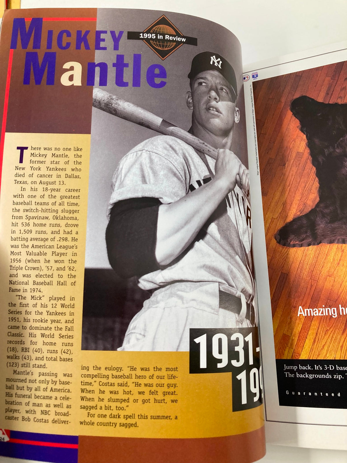 1995 In Review page featuring a tribute to Mickey Mantle, showcasing his impactful baseball career as part of the 1995 MLB Atlanta Braves vs Cleveland Indians Official Souvenir Scorebook.