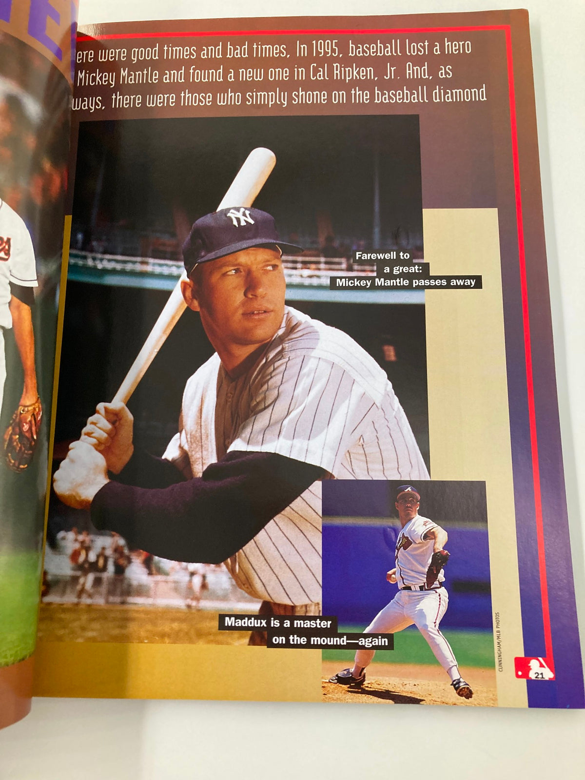 1995 MLB Atlanta Braves vs Cleveland Indians Official Souvenir Scorebook showcasing a tribute to Mickey Mantle, commemorating his legacy in baseball alongside a picture of Greg Maddux.