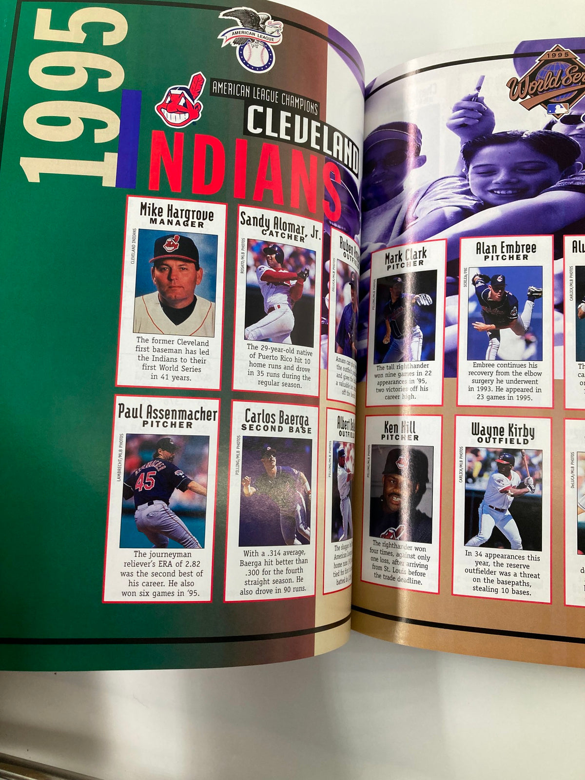 1995 MLB Atlanta Braves vs Cleveland Indians Official Souvenir Scorebook displaying the Cleveland Indians roster from the 1995 season, featuring player statistics and team achievements.