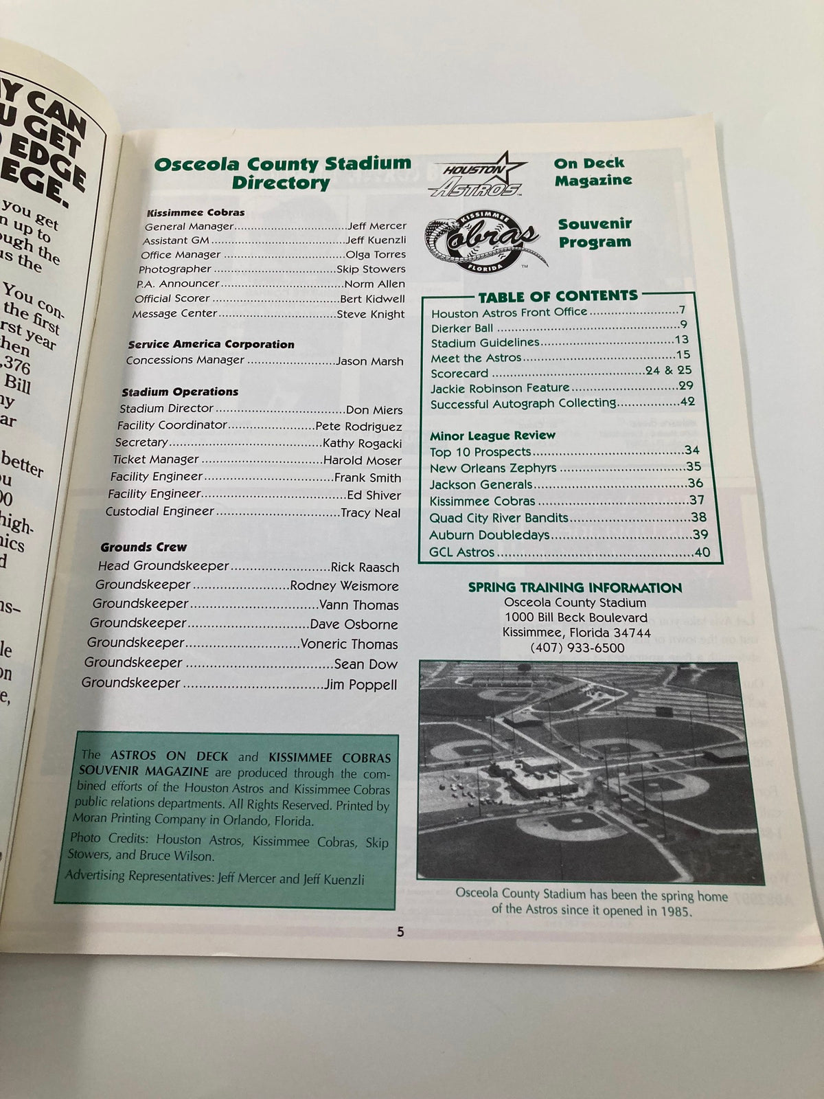 Inside page of the 1997 On Deck Official Preview Houston Astros, showcasing Osceola County Stadium directory and table of contents.