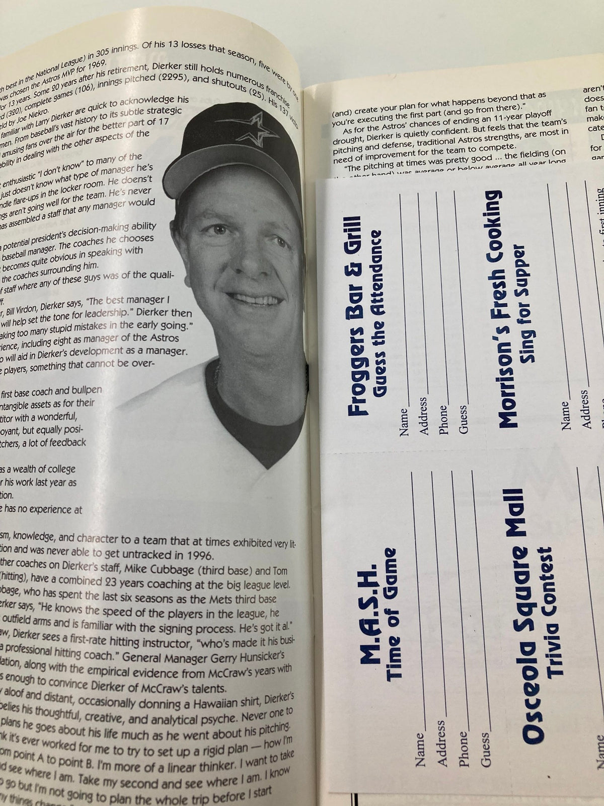 Informational page from the 1997 On Deck Official Preview Houston Astros, featuring details about Larry Dierker and events related to the team.