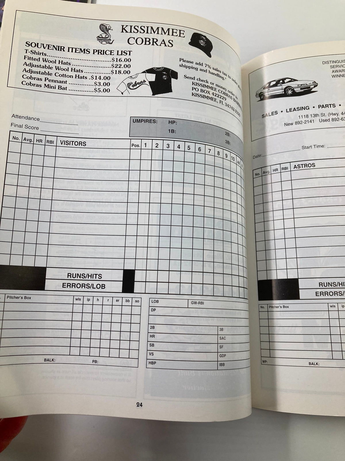 1997 On Deck Official Preview Houston Astros Larry Dierker Astros Skipper - Page showing attendance and game statistics for the Kissimmee Cobras.