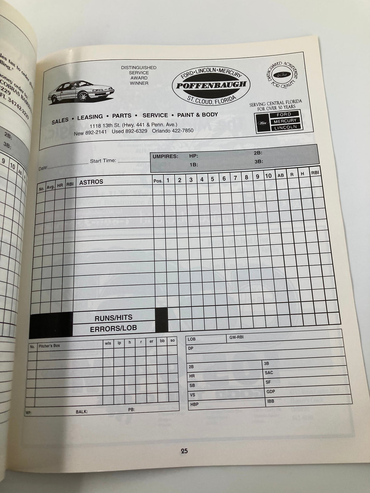 1997 On Deck Official Preview Houston Astros Larry Dierker Astros Skipper - Page with game scorekeeping format and statistics for the Astros.
