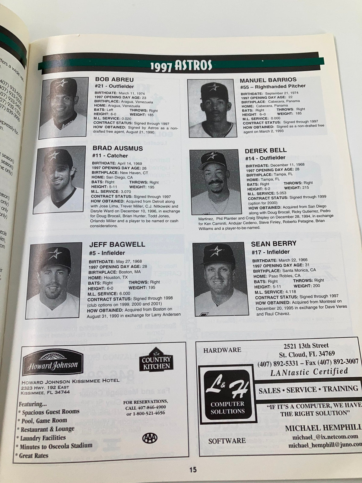 1997 On Deck Official Preview Houston Astros Larry Dierker Astros Skipper - Pages featuring player profiles and statistics including Bob Abreu and Brad Ausmus.