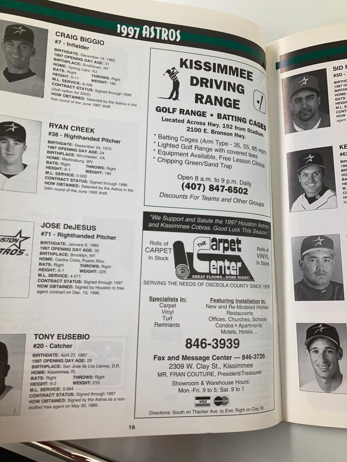 1997 On Deck Official Preview Houston Astros Larry Dierker Astros Skipper - Page with player profiles including Craig Biggio and Ryan Creek along with advertising.