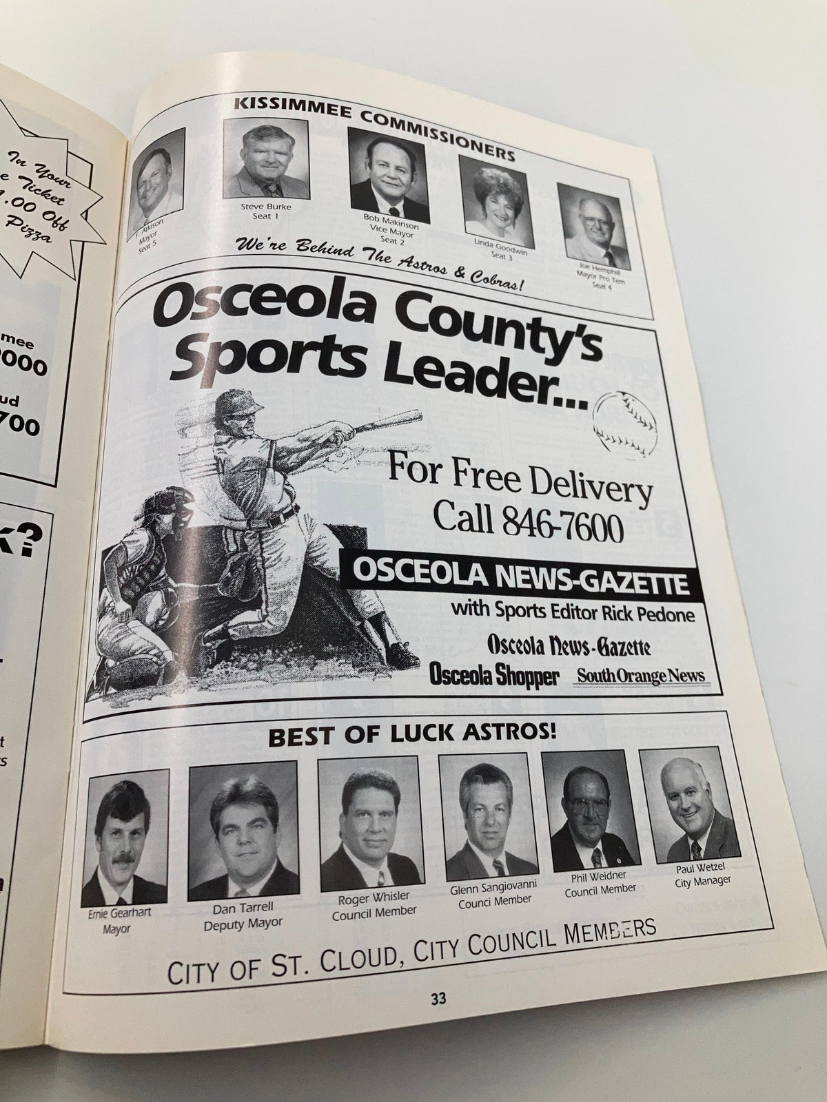 1997 On Deck Official Preview Houston Astros Larry Dierker Astros Skipper, featuring an advertisement for Osceola County's sports leader, Osceola News-Gazette, with endorsements and well wishes for the Houston Astros.