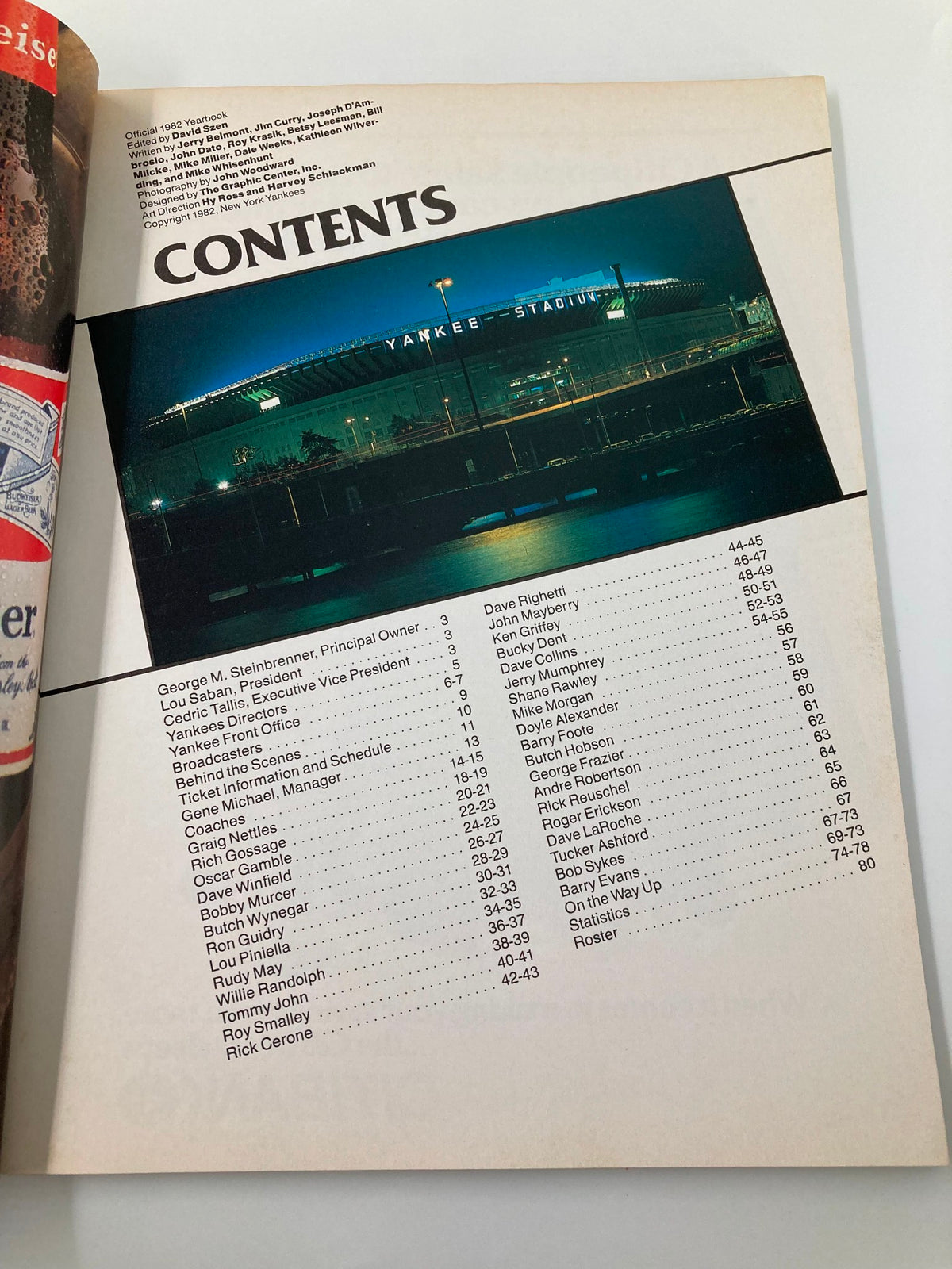 1982 MLB New York Yankees Official Yearbook American League Champions, showing the contents page with a view of Yankee Stadium and attendees listed.