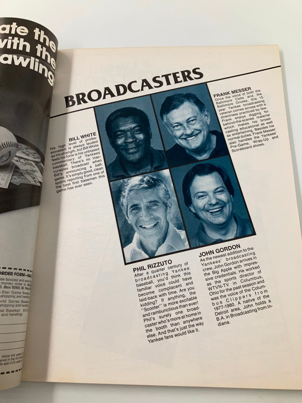 1982 MLB New York Yankees Official Yearbook American League Champions, showcasing prominent broadcasters associated with the team including Phil Rizzuto and John Gordon.