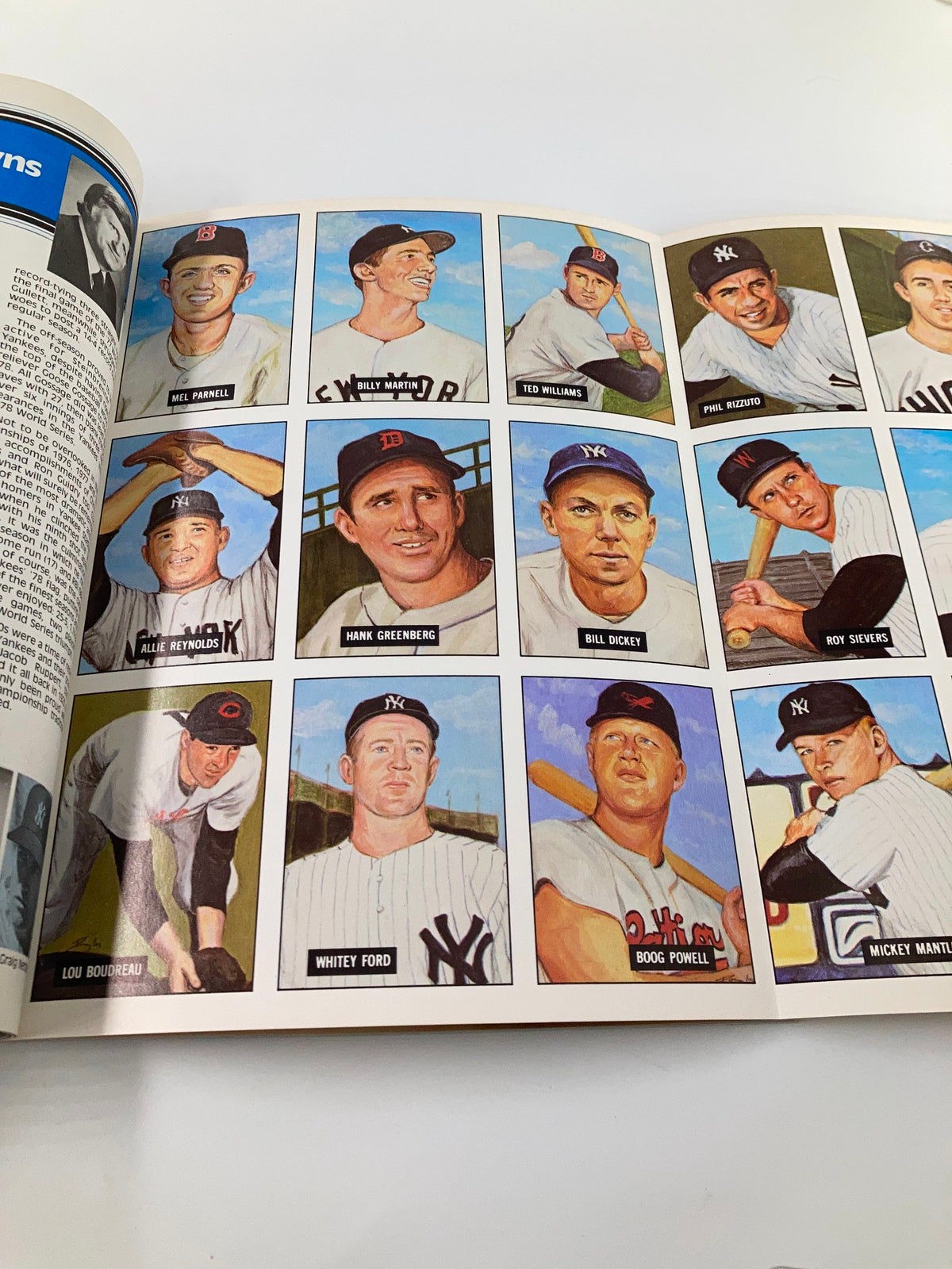 1982 MLB New York Yankees Official Yearbook American League Champions, displaying illustrated portraits of notable players like Phil Rizzuto and Lou Gehrig.