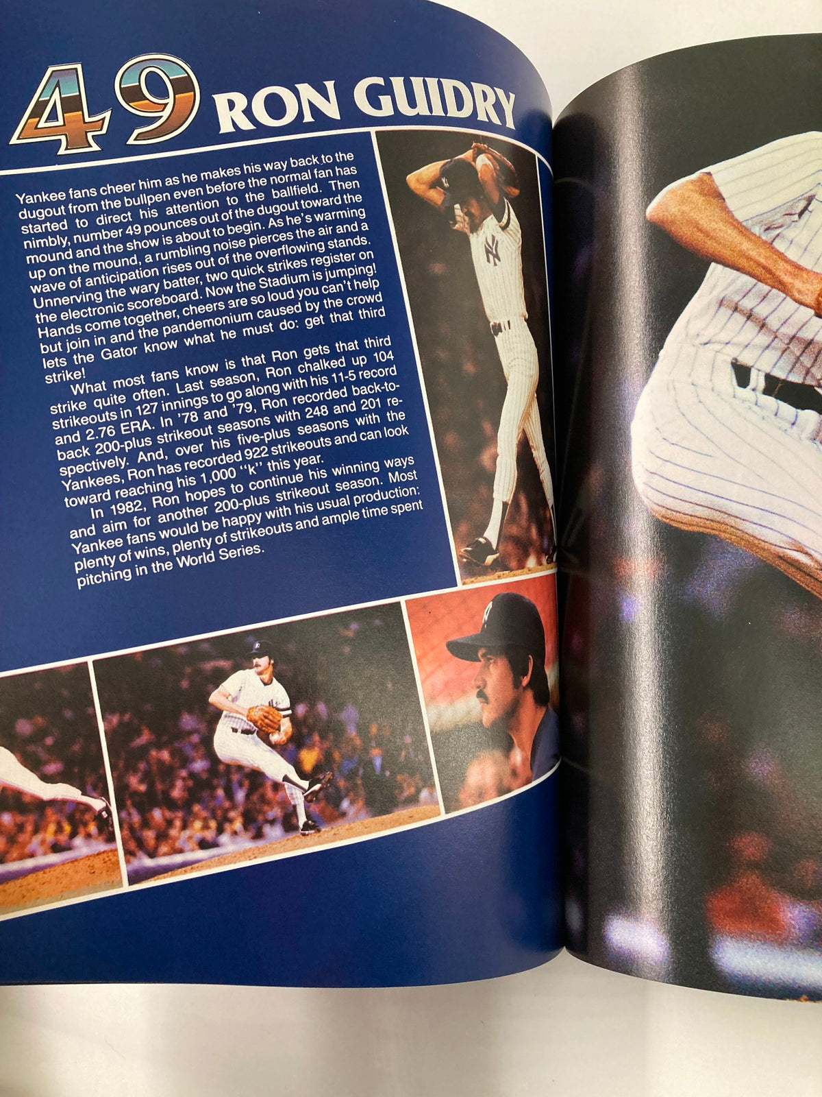 1982 MLB New York Yankees Official Yearbook American League Champions page showcasing pitcher Ron Guidry, with visuals of his pitching style and performance.