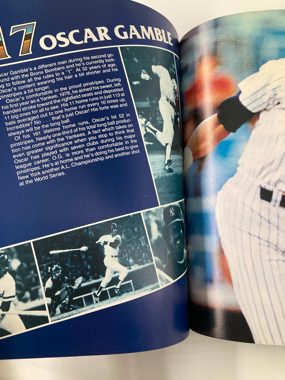 1982 MLB New York Yankees Official Yearbook American League Champions page featuring player Oscar Gamble and his impact during the season.