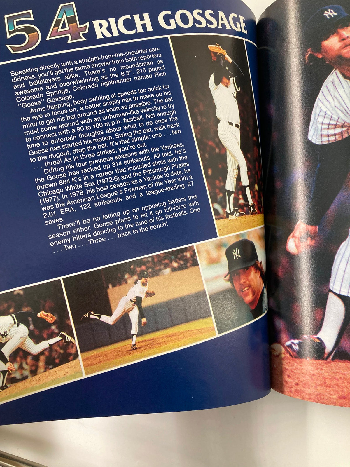 1982 MLB New York Yankees Official Yearbook American League Champions page focusing on Rich Gossage, detailing his pitching abilities and season highlights.