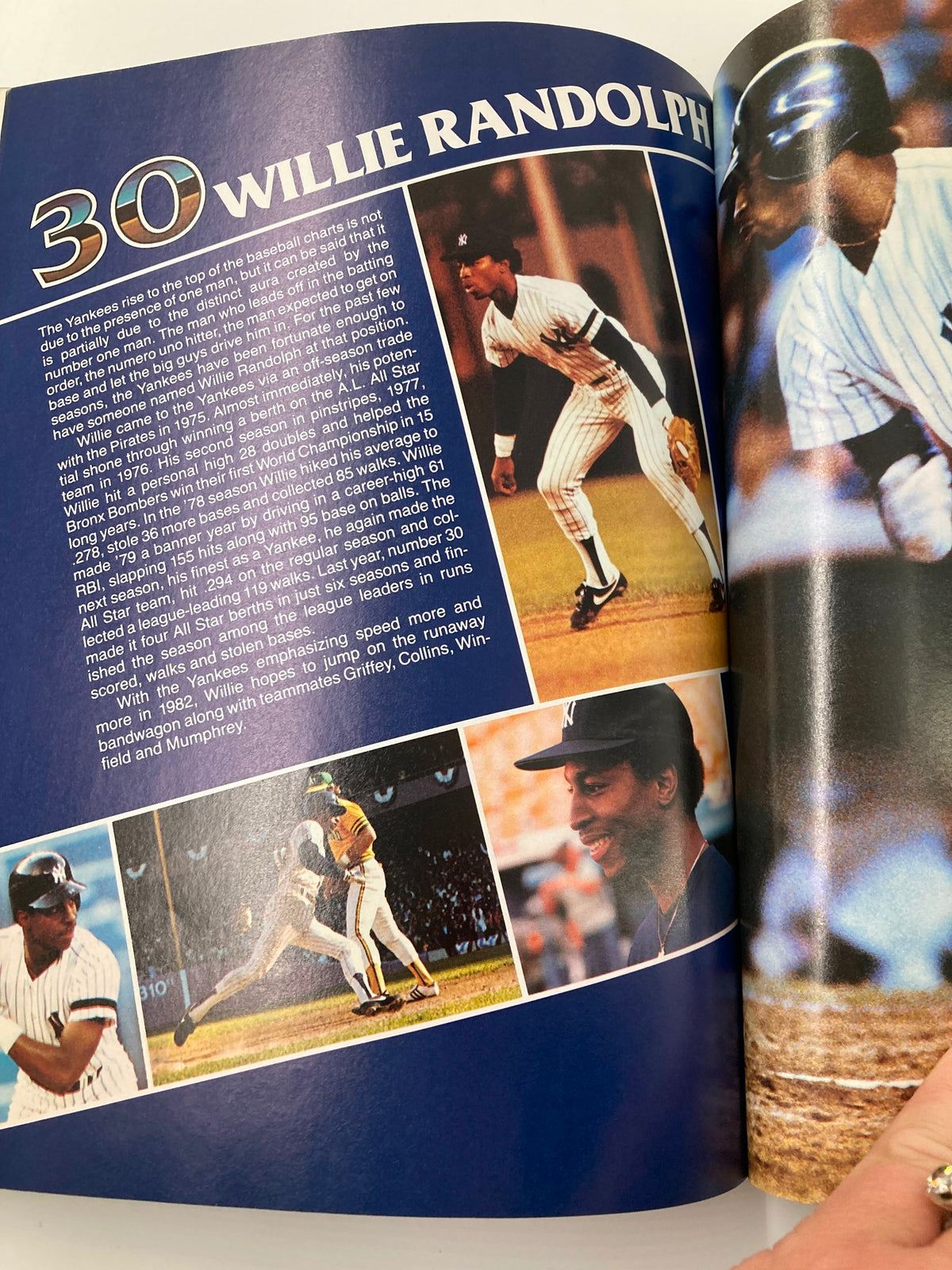 1982 MLB New York Yankees Official Yearbook featuring player Willie Randolph with action shots and statistics.