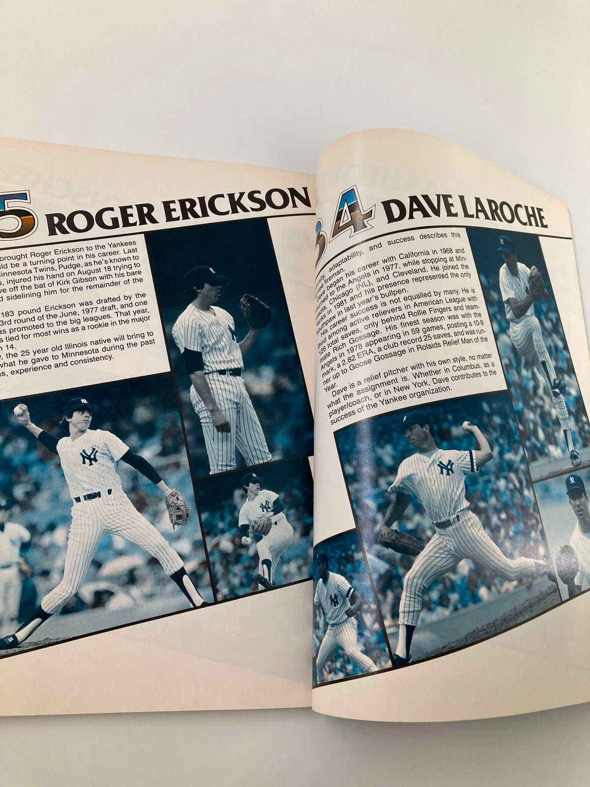 1982 MLB New York Yankees Official Yearbook showcasing Roger Erickson and Dave LaRoche with images and career highlights.