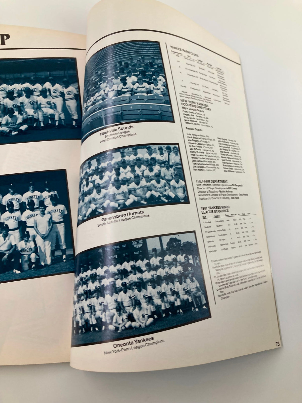 1982 MLB New York Yankees Official Yearbook showing the Nashville Sounds and Greensboro Hornets team photos and statistics.