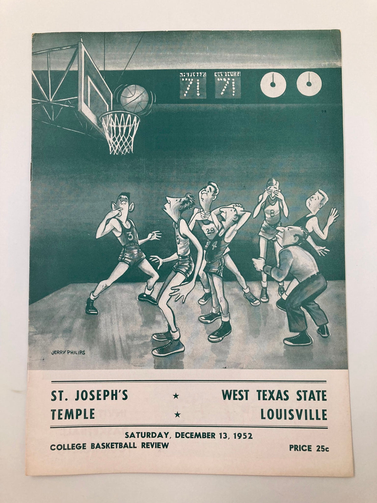 Cover of December 13 1952 St. Joseph vs West Texas State College Basketball Review showcasing a vintage basketball game illustration with players and scoreboard.