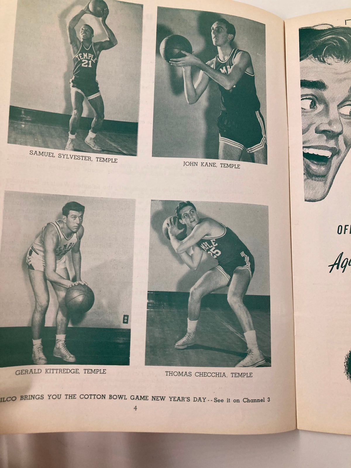 Players from Temple University featured in the December 13 1952 St. Joseph vs West Texas State College Basketball Review.