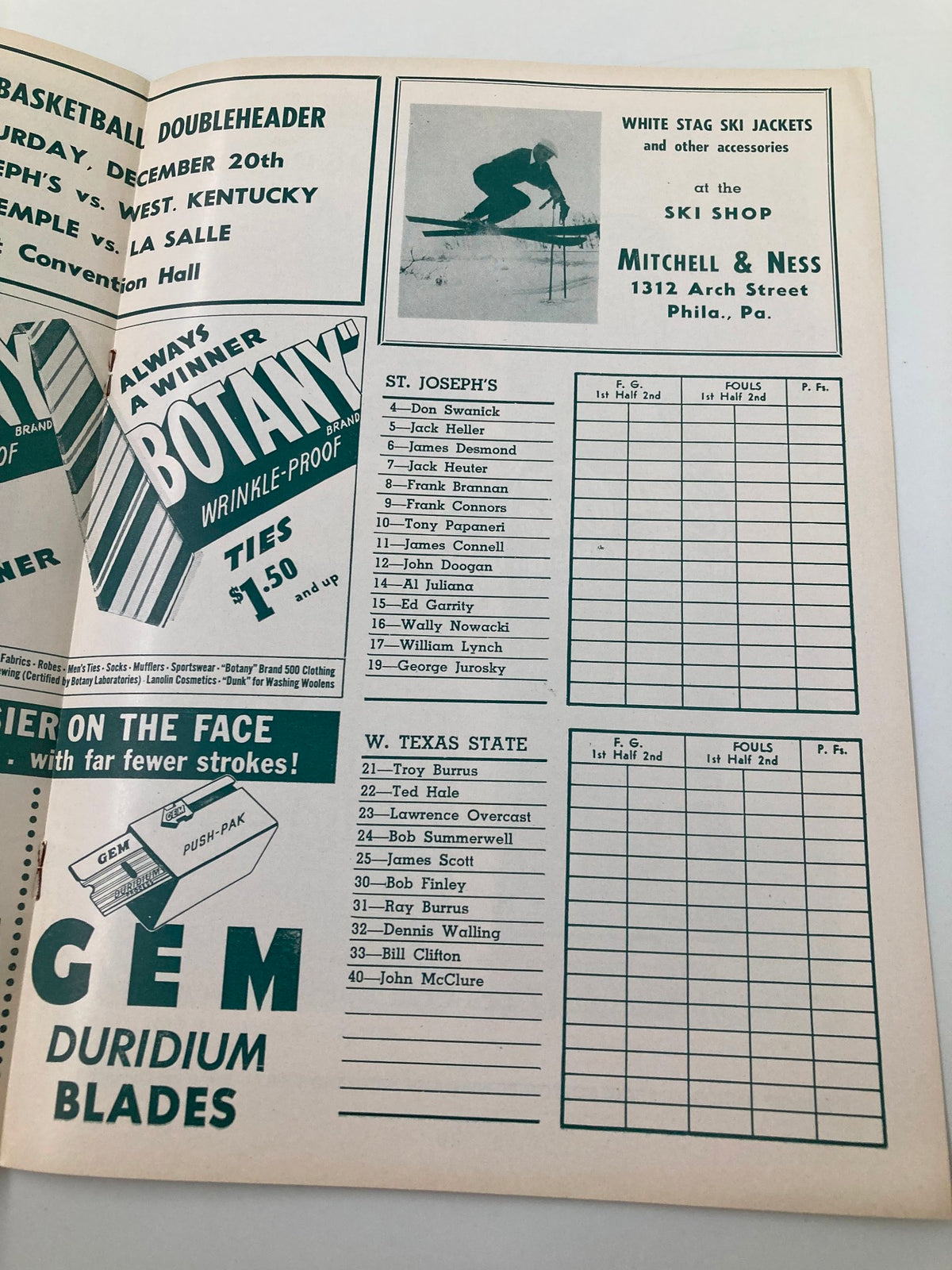 Roster for St. Joseph's and West Texas State teams in the December 13 1952 St. Joseph vs West Texas State College Basketball Review.