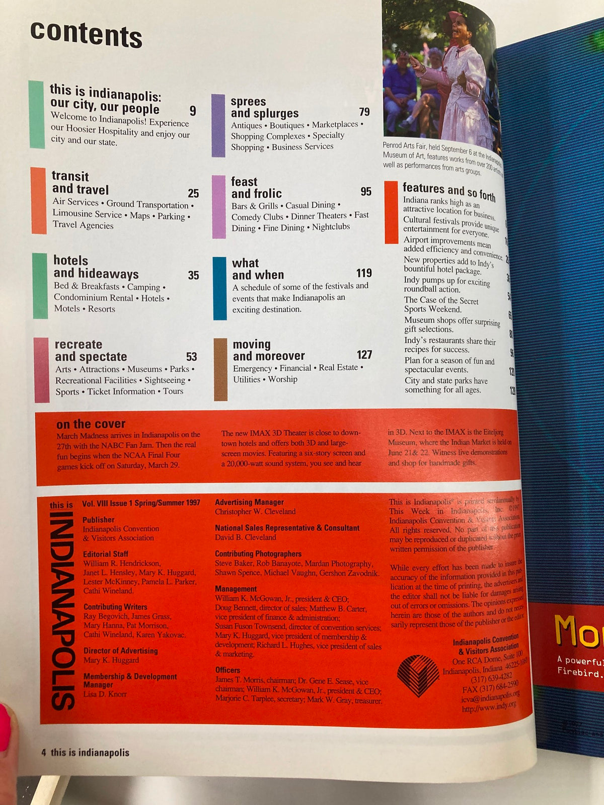 1997 Vol VIII Issue 1 NCAA Final Four This Is Indianapolis magazine contents page showcasing various sections such as transit, hotels, and recreation activities in Indianapolis.