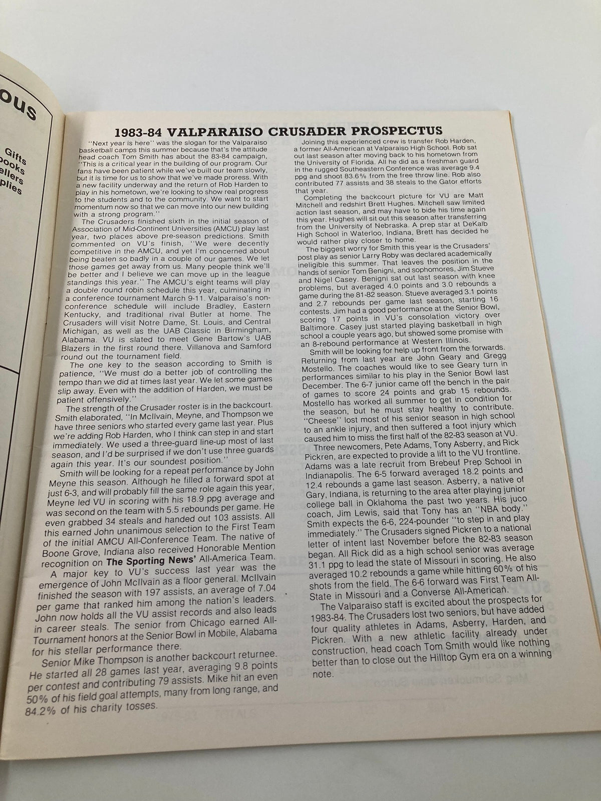 Another inside page of the December 17 1983 Valparaiso vs Bradley Crusader Basketball Program detailing the 1983-84 Valparaiso Crusader Prospectus and team information.
