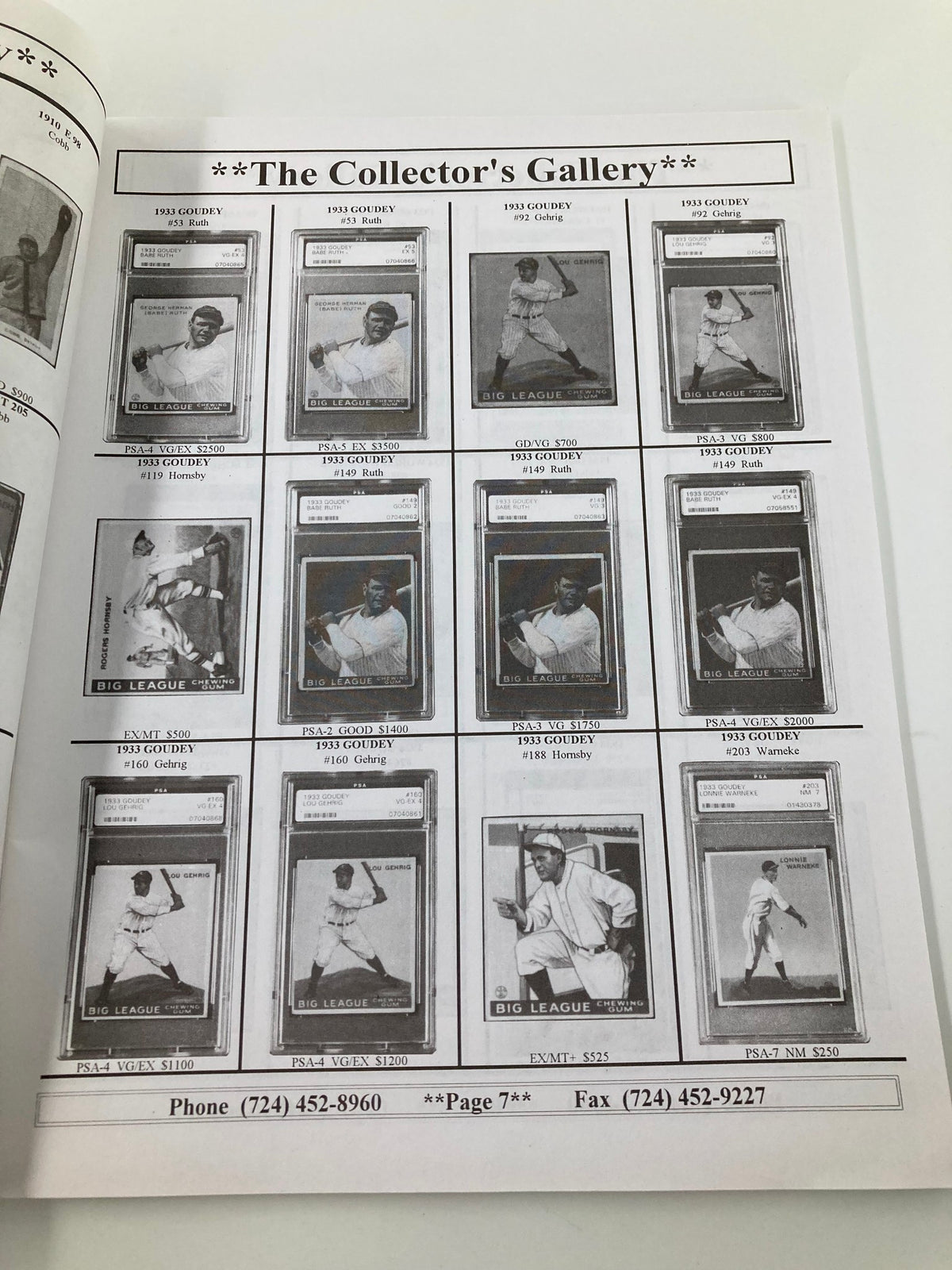 Collector's Gallery page from 1935 MLB Shoebox Cards featuring notable baseball cards from various sets including Babe Ruth.