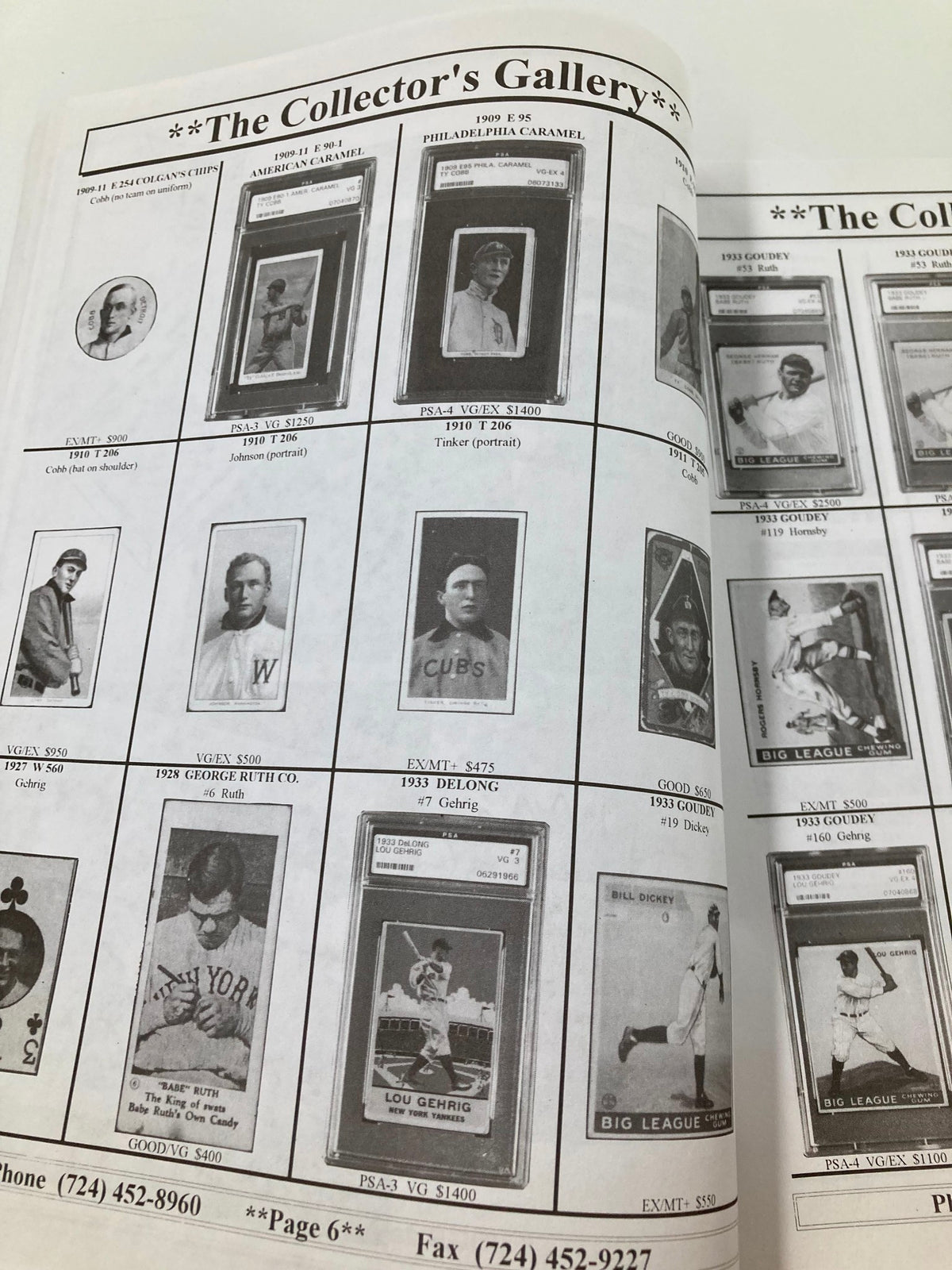 Collector's Gallery page from the 1935 MLB Shoebox Cards displaying high-value baseball cards including Lou Gehrig and Babe Ruth.