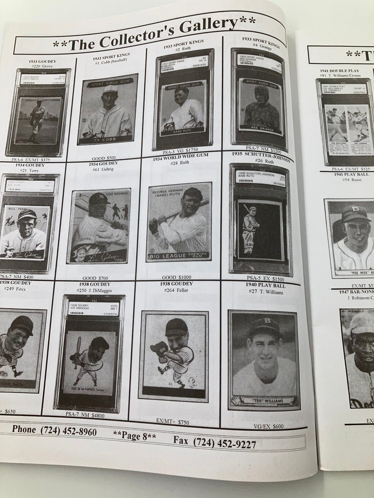 1935 MLB Shoebox Cards featuring Mickey Mantle, displayed in The Collector's Gallery, showcasing various vintage baseball cards including notable players like Ty Cobb and Babe Ruth.