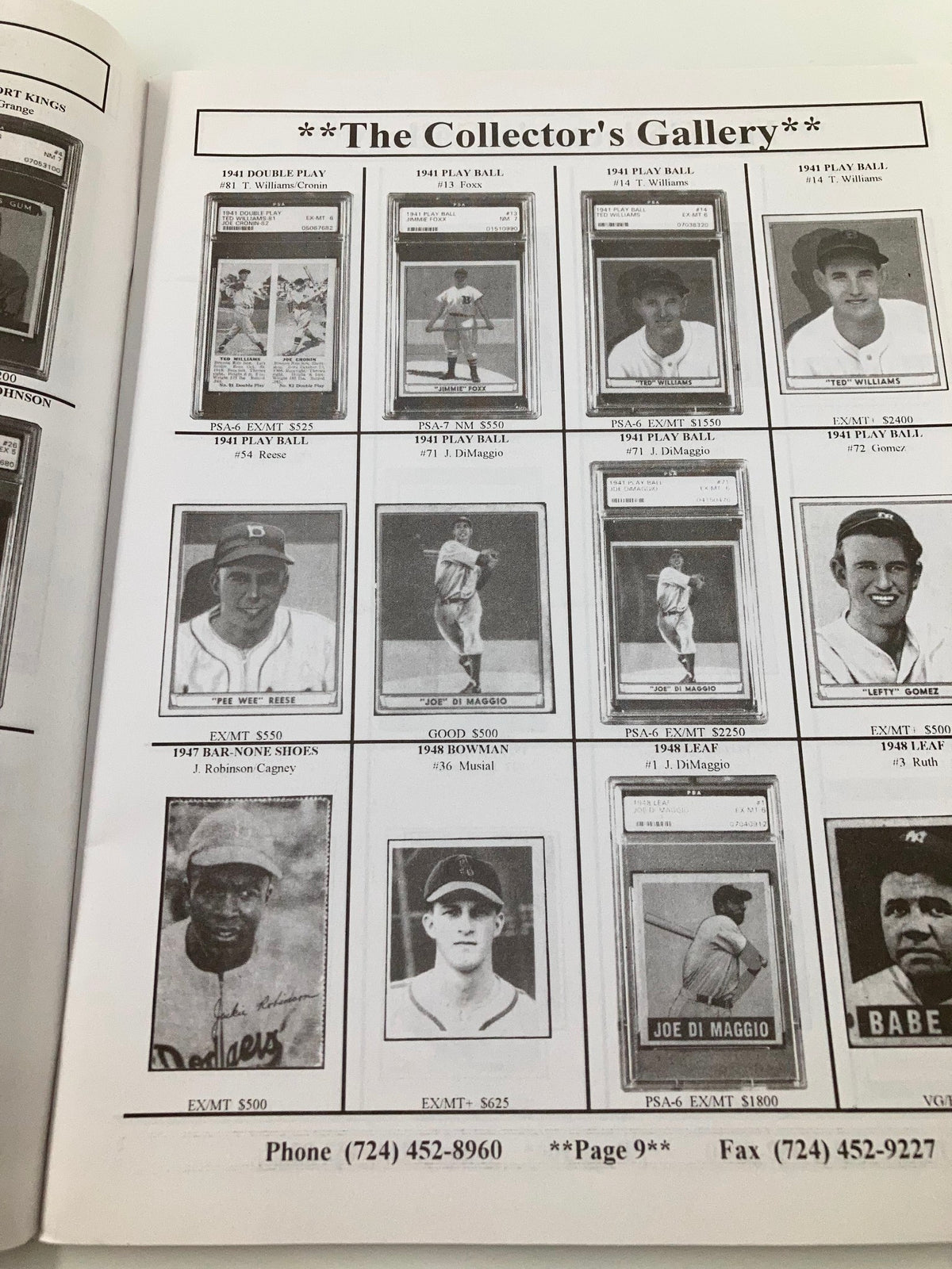 Various vintage baseball cards listed in The Collector's Gallery, including names like Ted Williams and Joe DiMaggio, part of the 1935 MLB Shoebox Cards featuring Mickey Mantle.